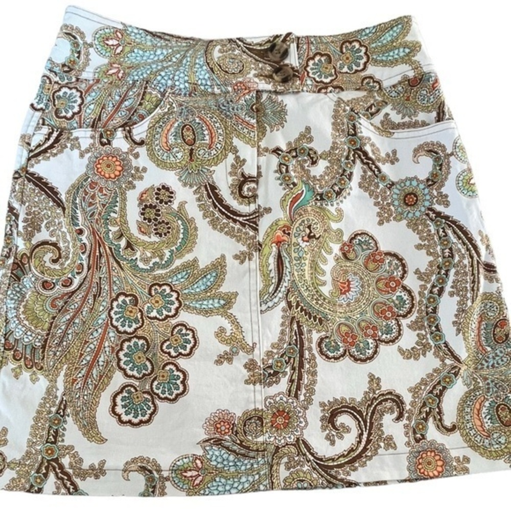 CAbi Retro Paisley Print Mini Skirt Size 4 Stretch Tan‎ Blue Green